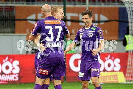 Fussball Bundesliga. SK Austria Klagenfurt gegen FC Red Bull Salzburg.   Torjubel Florian Jaritz, Nicolas Wimmer, Till Schumacher (Klagenfurt).  Klagenfurt, am 8.10.2023.
Foto: Kuess
---
pressefotos, pressefotografie, kuess, qs, qspictures, sport, bild, bilder, bilddatenbank