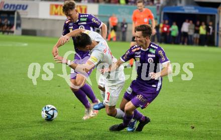 Fussball Bundesliga. SK Austria Klagenfurt gegen FC Red Bull Salzburg.  Till Schumacher, Christopher Wernitznig,    (Klagenfurt),    Nicolas Capaldo (Salzburg).  Klagenfurt, am 8.10.2023.
Foto: Kuess
---
pressefotos, pressefotografie, kuess, qs, qspictures, sport, bild, bilder, bilddatenbank