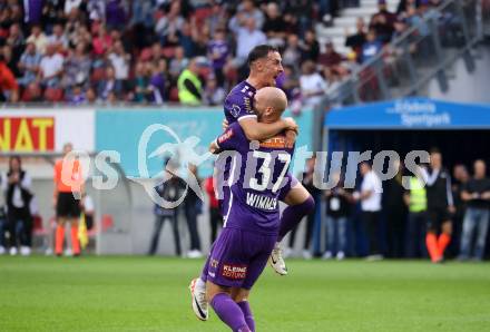 Fussball Bundesliga. SK Austria Klagenfurt gegen FC Red Bull Salzburg.  Torjubel Nicolas Wimmer,   (Klagenfurt),   Sinan Karweina (Salzburg).  Klagenfurt, am 8.10.2023.
Foto: Kuess
---
pressefotos, pressefotografie, kuess, qs, qspictures, sport, bild, bilder, bilddatenbank