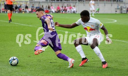 Fussball Bundesliga. SK Austria Klagenfurt gegen FC Red Bull Salzburg.  Sinan Karweina, Lucas Gourna-Douath (Klagenfurt).  Klagenfurt, am 8.10.2023.
Foto: Kuess
---
pressefotos, pressefotografie, kuess, qs, qspictures, sport, bild, bilder, bilddatenbank