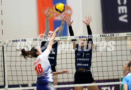 Volleyball. CEV Volleyball Challenge Cup 2024  Women. ATSC Wildcats gegen ZOK UB (SRB).  KRASOVEC Zala, BAJIC Nikolina   (Wildcats). Klagenfurt, am 11.10.2023.
Foto: Kuess
www.qspictures.net
---
pressefotos, pressefotografie, kuess, qs, qspictures, sport, bild, bilder, bilddatenbank