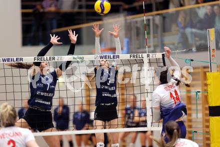 Volleyball. CEV Volleyball Challenge Cup 2024  Women. ATSC Wildcats gegen ZOK UB (SRB).  BAJIC Nikolina, KATZ Isabella   (Wildcats). Klagenfurt, am 11.10.2023.
Foto: Kuess
www.qspictures.net
---
pressefotos, pressefotografie, kuess, qs, qspictures, sport, bild, bilder, bilddatenbank