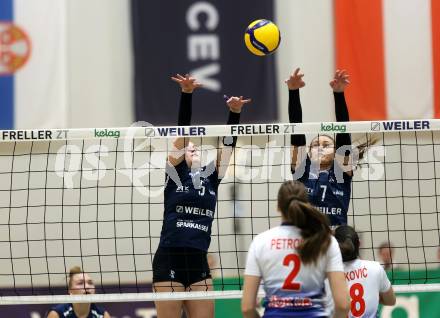 Volleyball. CEV Volleyball Challenge Cup 2024  Women. ATSC Wildcats gegen ZOK UB (SRB).   Neiss Sara, BAJIC Nikolina  (Wildcats). Klagenfurt, am 11.10.2023.
Foto: Kuess
www.qspictures.net
---
pressefotos, pressefotografie, kuess, qs, qspictures, sport, bild, bilder, bilddatenbank