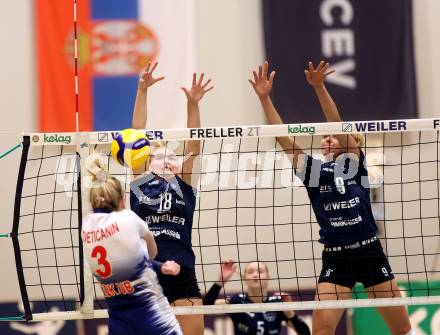 Volleyball. CEV Volleyball Challenge Cup 2024  Women. ATSC Wildcats gegen ZOK UB (SRB).  HOLZINGER Nicole, JONTES Katja   (Wildcats). Klagenfurt, am 11.10.2023.
Foto: Kuess
www.qspictures.net
---
pressefotos, pressefotografie, kuess, qs, qspictures, sport, bild, bilder, bilddatenbank