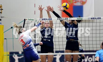 Volleyball. CEV Volleyball Challenge Cup 2024  Women. ATSC Wildcats gegen ZOK UB (SRB).   HOLZINGER Nicole, BAJIC Nikolina  (Wildcats). Klagenfurt, am 11.10.2023.
Foto: Kuess
www.qspictures.net
---
pressefotos, pressefotografie, kuess, qs, qspictures, sport, bild, bilder, bilddatenbank