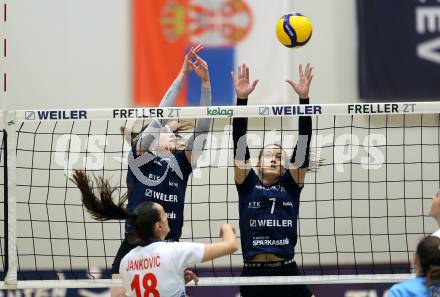 Volleyball. CEV Volleyball Challenge Cup 2024  Women. ATSC Wildcats gegen ZOK UB (SRB).     KRASOVEC Zala, BAJIC Nikolina (Wildcats). Klagenfurt, am 11.10.2023.
Foto: Kuess
www.qspictures.net
---
pressefotos, pressefotografie, kuess, qs, qspictures, sport, bild, bilder, bilddatenbank