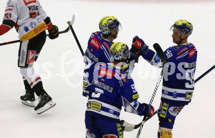 EBEL. Eishockey Bundesliga. EC VSV gegen BEMER Pioneers Vorarlberg.  Torjubel Dylan MacPherson, Alexander Rauchenwald, Blaz Tomazevic (VSV). Villach, am 14.10.2023
Foto: Kuess
www.qspictures.net
---
pressefotos, pressefotografie, kuess, qs, qspictures, sport, bild, bilder, bilddatenbank