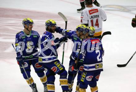 EBEL. Eishockey Bundesliga. EC VSV gegen BEMER Pioneers Vorarlberg. Torjubel Arturs Kulda, Maximilian Rebernig, Felix Maxa, Dylan MacPherson  (VSV). Villach, am 14.10.2023
Foto: Kuess
www.qspictures.net
---
pressefotos, pressefotografie, kuess, qs, qspictures, sport, bild, bilder, bilddatenbank