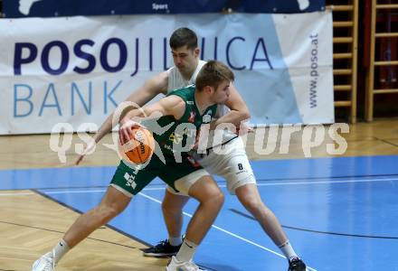 Basketball 2. Liga 2023/2024. Grunddurchgang 2. Runde.  KOS Celovec gegen Dornbirn Lions.  Maximilian Seher (KOS),  Ralfs Skesters (Dornbirn). Klagenfurt, am 14.10.2023.
Foto: Kuess
www.qspictures.net
---
pressefotos, pressefotografie, kuess, qs, qspictures, sport, bild, bilder, bilddatenbank