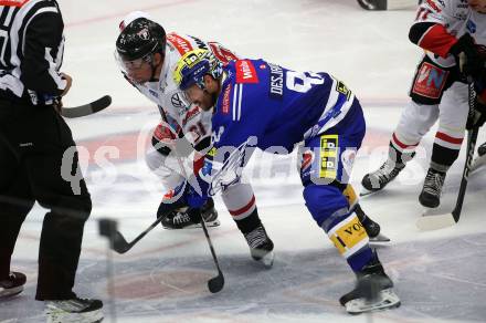 EBEL. Eishockey Bundesliga. EC VSV gegen BEMER Pioneers Vorarlberg.  Andrew Desjardins,  (VSV),  Patrick Spannring  (Vorarlberg). Villach, am 14.10.2023
Foto: Kuess
www.qspictures.net
---
pressefotos, pressefotografie, kuess, qs, qspictures, sport, bild, bilder, bilddatenbank