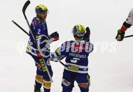 EBEL. Eishockey Bundesliga. EC VSV gegen BEMER Pioneers Vorarlberg.  Torjubel Dylan MacPherson, Alexander Rauchenwald (VSV). Villach, am 14.10.2023
Foto: Kuess
www.qspictures.net
---
pressefotos, pressefotografie, kuess, qs, qspictures, sport, bild, bilder, bilddatenbank