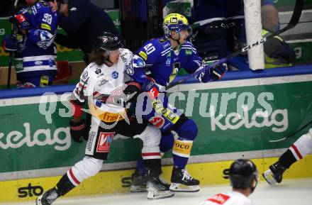 EBEL. Eishockey Bundesliga. EC VSV gegen BEMER Pioneers Vorarlberg. Elias Jeronimo Wallenta,  (VSV),  Julian Metzler   (Vorarlberg). Villach, am 14.10.2023
Foto: Kuess
www.qspictures.net
---
pressefotos, pressefotografie, kuess, qs, qspictures, sport, bild, bilder, bilddatenbank