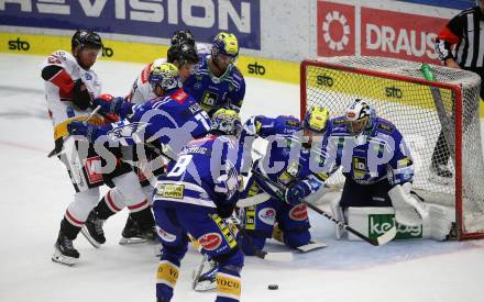 EBEL. Eishockey Bundesliga. EC VSV gegen BEMER Pioneers Vorarlberg. Maximilian Rebernig, Arturs Kulda, Layne Viveiros, Alexander Rauchenwald, Jean Philippe Lamoureux,   (VSV),    Guus Van Nes, Daniel Woger (Vorarlberg). Villach, am 14.10.2023
Foto: Kuess
www.qspictures.net
---
pressefotos, pressefotografie, kuess, qs, qspictures, sport, bild, bilder, bilddatenbank