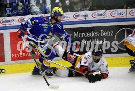 EBEL. Eishockey Bundesliga. EC VSV gegen BEMER Pioneers Vorarlberg. Maximilian Rebernig,  (VSV),  Clayton Kirichenko   (Vorarlberg). Villach, am 14.10.2023
Foto: Kuess
www.qspictures.net
---
pressefotos, pressefotografie, kuess, qs, qspictures, sport, bild, bilder, bilddatenbank