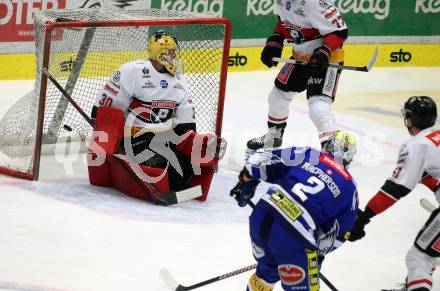 EBEL. Eishockey Bundesliga. EC VSV gegen BEMER Pioneers Vorarlberg.  Dylan MacPherson, (VSV),  Alex Caffi  (Vorarlberg). Villach, am 14.10.2023
Foto: Kuess
www.qspictures.net
---
pressefotos, pressefotografie, kuess, qs, qspictures, sport, bild, bilder, bilddatenbank