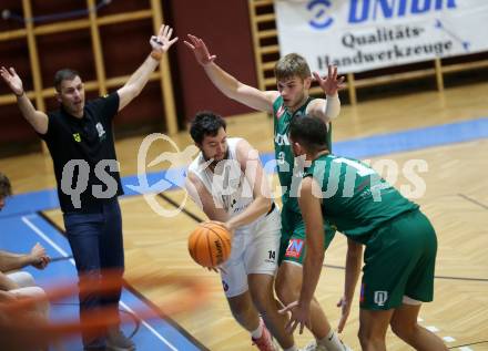 Basketball 2. Liga 2023/2024. Grunddurchgang 2. Runde.  KOS Celovec gegen Dornbirn Lions.  Veljko Dena (KOS),  Ralfs Skesters (Dornbirn). Klagenfurt, am 14.10.2023.
Foto: Kuess
www.qspictures.net
---
pressefotos, pressefotografie, kuess, qs, qspictures, sport, bild, bilder, bilddatenbank