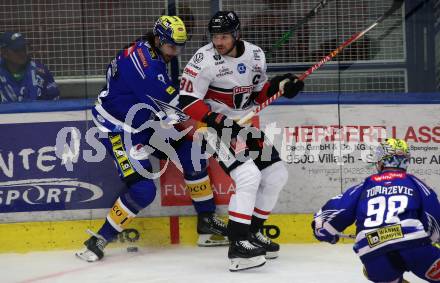 EBEL. Eishockey Bundesliga. EC VSV gegen BEMER Pioneers Vorarlberg.  Maximilian Rebernig,  (VSV),   Alexander Pallestrang (Vorarlberg). Villach, am 14.10.2023
Foto: Kuess
www.qspictures.net
---
pressefotos, pressefotografie, kuess, qs, qspictures, sport, bild, bilder, bilddatenbank