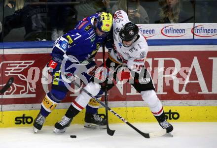 EBEL. Eishockey Bundesliga. EC VSV gegen BEMER Pioneers Vorarlberg.  Layne Viveiros,  (VSV),   Christian Bull (Vorarlberg). Villach, am 14.10.2023
Foto: Kuess
www.qspictures.net
---
pressefotos, pressefotografie, kuess, qs, qspictures, sport, bild, bilder, bilddatenbank