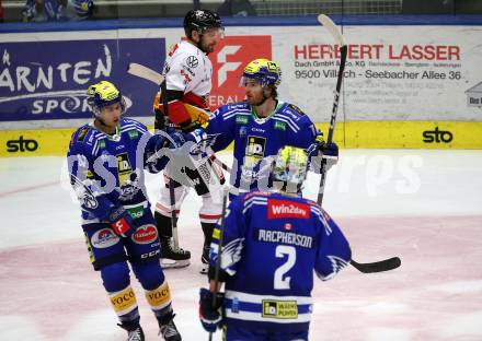 EBEL. Eishockey Bundesliga. EC VSV gegen BEMER Pioneers Vorarlberg. Torjubel Dylan MacPherson, Kevin Hancock, Benjamin Lanzinger  (VSV). Villach, am 14.10.2023
Foto: Kuess
www.qspictures.net
---
pressefotos, pressefotografie, kuess, qs, qspictures, sport, bild, bilder, bilddatenbank