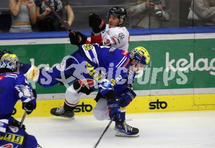 EBEL. Eishockey Bundesliga. EC VSV gegen BEMER Pioneers Vorarlberg.  Dylan MacPherson,  (VSV),   Luka Maver (Vorarlberg). Villach, am 14.10.2023
Foto: Kuess
www.qspictures.net
---
pressefotos, pressefotografie, kuess, qs, qspictures, sport, bild, bilder, bilddatenbank