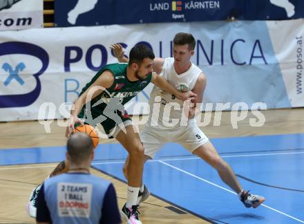 Basketball 2. Liga 2023/2024. Grunddurchgang 2. Runde.  KOS Celovec gegen Dornbirn Lions.  Andi Smrtnik (KOS),  Toni Cutuk (Dornbirn). Klagenfurt, am 14.10.2023.
Foto: Kuess
www.qspictures.net
---
pressefotos, pressefotografie, kuess, qs, qspictures, sport, bild, bilder, bilddatenbank