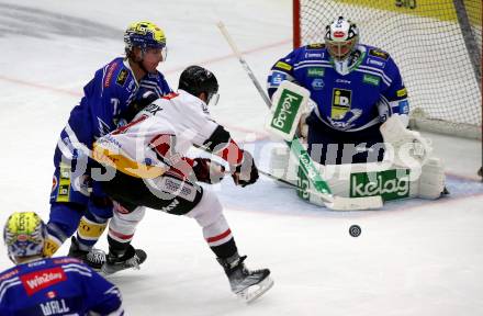 EBEL. Eishockey Bundesliga. EC VSV gegen BEMER Pioneers Vorarlberg.  Philipp Lindner, Jean Philippe Lamoureux,  (VSV),   Cedric Lacroix (Vorarlberg). Villach, am 14.10.2023
Foto: Kuess
www.qspictures.net
---
pressefotos, pressefotografie, kuess, qs, qspictures, sport, bild, bilder, bilddatenbank