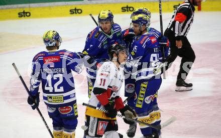 EBEL. Eishockey Bundesliga. EC VSV gegen BEMER Pioneers Vorarlberg. Torjubel Dylan MacPherson, Kevin Hancock, Mark Katic, Benjamin Lanzinger  (VSV). Villach, am 14.10.2023
Foto: Kuess
www.qspictures.net
---
pressefotos, pressefotografie, kuess, qs, qspictures, sport, bild, bilder, bilddatenbank