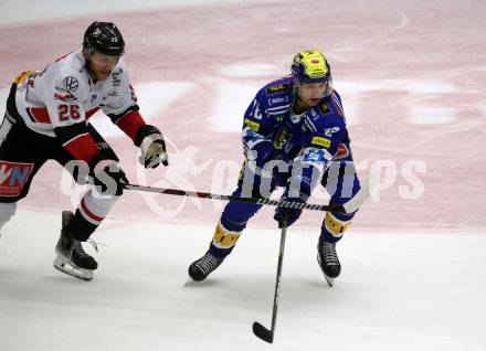 EBEL. Eishockey Bundesliga. EC VSV gegen BEMER Pioneers Vorarlberg.  Felix Maxa, (VSV),    Guus Van Nes  (Vorarlberg). Villach, am 14.10.2023
Foto: Kuess
www.qspictures.net
---
pressefotos, pressefotografie, kuess, qs, qspictures, sport, bild, bilder, bilddatenbank