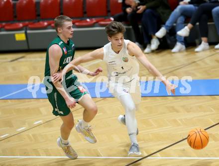 Basketball 2. Liga 2023/2024. Grunddurchgang 2. Runde.  KOS Celovec gegen Dornbirn Lions.  Simon Siencnik (KOS),  Markuss Kudrjavcevs (Dornbirn). Klagenfurt, am 14.10.2023.
Foto: Kuess
www.qspictures.net
---
pressefotos, pressefotografie, kuess, qs, qspictures, sport, bild, bilder, bilddatenbank