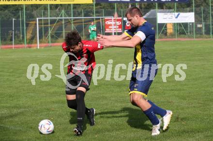 Fussball. 1. Klasse B. Arnoldstein gegen Noetsch.  Roman Binter  (Arnoldstein),  Marcel Hubert Hecher  (Noetsch).  Arnoldstein, am 14.10.2023.
Foto: Kuess
---
pressefotos, pressefotografie, kuess, qs, qspictures, sport, bild, bilder, bilddatenbank