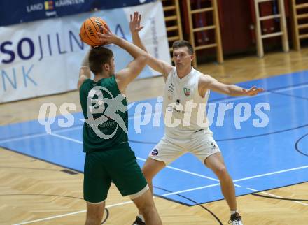 Basketball 2. Liga 2023/2024. Grunddurchgang 2. Runde.  KOS Celovec gegen Dornbirn Lions.  Andi Smrtnik (KOS),   Ralfs Skesters (Dornbirn). Klagenfurt, am 14.10.2023.
Foto: Kuess
www.qspictures.net
---
pressefotos, pressefotografie, kuess, qs, qspictures, sport, bild, bilder, bilddatenbank