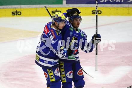 EBEL. Eishockey Bundesliga. EC VSV gegen BEMER Pioneers Vorarlberg. Torjubel Dylan MacPherson, Kevin Hancock  (VSV). Villach, am 14.10.2023
Foto: Kuess
www.qspictures.net
---
pressefotos, pressefotografie, kuess, qs, qspictures, sport, bild, bilder, bilddatenbank