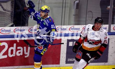 EBEL. Eishockey Bundesliga. EC VSV gegen BEMER Pioneers Vorarlberg. Torjubel Elias Jeronimo Wallenta  (VSV). Villach, am 14.10.2023
Foto: Kuess
www.qspictures.net
---
pressefotos, pressefotografie, kuess, qs, qspictures, sport, bild, bilder, bilddatenbank