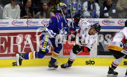 EBEL. Eishockey Bundesliga. EC VSV gegen BEMER Pioneers Vorarlberg.  Maximilian Rebernig,  (VSV),   Clayton Kirichenko (Vorarlberg). Villach, am 14.10.2023
Foto: Kuess
www.qspictures.net
---
pressefotos, pressefotografie, kuess, qs, qspictures, sport, bild, bilder, bilddatenbank