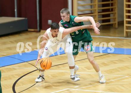 Basketball 2. Liga 2023/2024. Grunddurchgang 2. Runde.  KOS Celovec gegen Dornbirn Lions.  Stefan Blazevic (KOS),  Markuss Kudrjavcevs (Dornbirn). Klagenfurt, am 14.10.2023.
Foto: Kuess
www.qspictures.net
---
pressefotos, pressefotografie, kuess, qs, qspictures, sport, bild, bilder, bilddatenbank