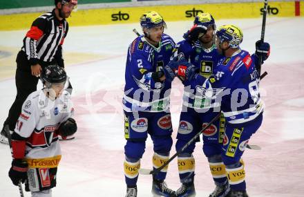 EBEL. Eishockey Bundesliga. EC VSV gegen BEMER Pioneers Vorarlberg. Torjubel Dylan MacPherson, Kevin Hancock, Mark Katic  (VSV). Villach, am 14.10.2023
Foto: Kuess
www.qspictures.net
---
pressefotos, pressefotografie, kuess, qs, qspictures, sport, bild, bilder, bilddatenbank