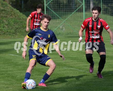 Fussball. 1. Klasse B. Arnoldstein gegen Noetsch.  Ben Georg Kreuzer (Arnoldstein),  Lucas Mosser  (Noetsch).  Arnoldstein, am 14.10.2023.
Foto: Kuess
---
pressefotos, pressefotografie, kuess, qs, qspictures, sport, bild, bilder, bilddatenbank