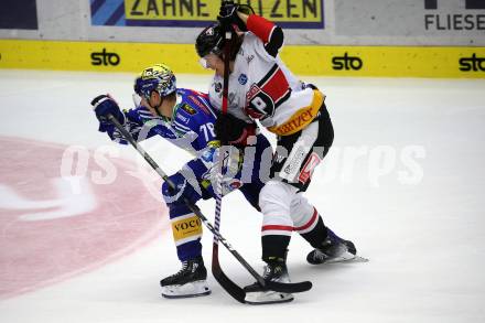 EBEL. Eishockey Bundesliga. EC VSV gegen BEMER Pioneers Vorarlberg.  Felix Maxa, (VSV),     Julian Metzler  (Vorarlberg). Villach, am 14.10.2023
Foto: Kuess
www.qspictures.net
---
pressefotos, pressefotografie, kuess, qs, qspictures, sport, bild, bilder, bilddatenbank