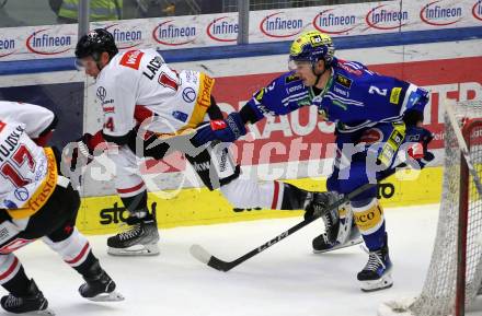 EBEL. Eishockey Bundesliga. EC VSV gegen BEMER Pioneers Vorarlberg. Dylan MacPherson,   (VSV),   Cedric Lacroix (Vorarlberg). Villach, am 14.10.2023
Foto: Kuess
www.qspictures.net
---
pressefotos, pressefotografie, kuess, qs, qspictures, sport, bild, bilder, bilddatenbank