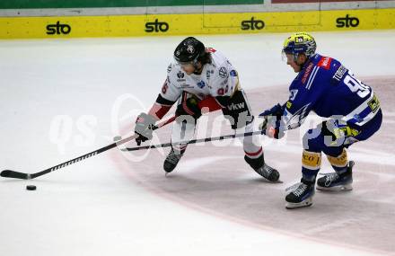 EBEL. Eishockey Bundesliga. EC VSV gegen BEMER Pioneers Vorarlberg. Blaz Tomazevic,   (VSV),  Steven Owre  (Vorarlberg). Villach, am 14.10.2023
Foto: Kuess
www.qspictures.net
---
pressefotos, pressefotografie, kuess, qs, qspictures, sport, bild, bilder, bilddatenbank