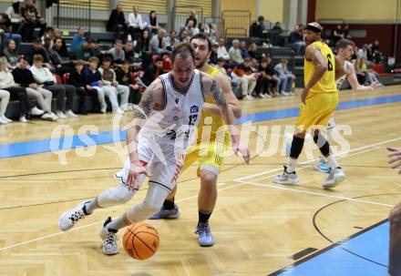 Basketball 2. Liga 2023/2024. Grunddurchgang 3. Runde.  Woerthersee Piraten gegen Kufstein Towers. Andreas Nuck,  (Piraten),   Fabio Thaler (Kufstein). Klagenfurt, am 21.10.2023.
Foto: Kuess
www.qspictures.net
---
pressefotos, pressefotografie, kuess, qs, qspictures, sport, bild, bilder, bilddatenbank