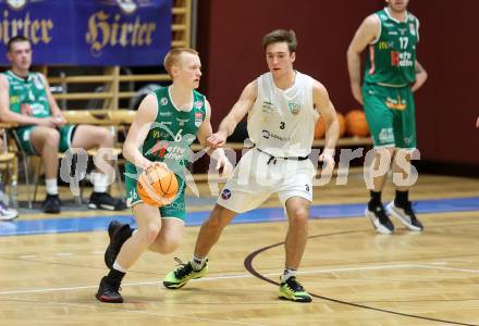 Basketball 2. Liga 2023/2024. Grunddurchgang 4. Runde.  KOS Celovec gegen Future Team Steiermark. Niklas Michel (KOS),  Lorenz Breitenberger (Steiermark). Klagenfurt, am 26.10.2023.
Foto: Kuess
www.qspictures.net
---
pressefotos, pressefotografie, kuess, qs, qspictures, sport, bild, bilder, bilddatenbank