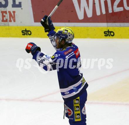 EBEL. Eishockey Bundesliga. EC VSV gegen Black Wings Linz. Torjubel Kevin Hancock  (VSV). Villach, am 27.10.2023
Foto: Kuess
www.qspictures.net
---
pressefotos, pressefotografie, kuess, qs, qspictures, sport, bild, bilder, bilddatenbank