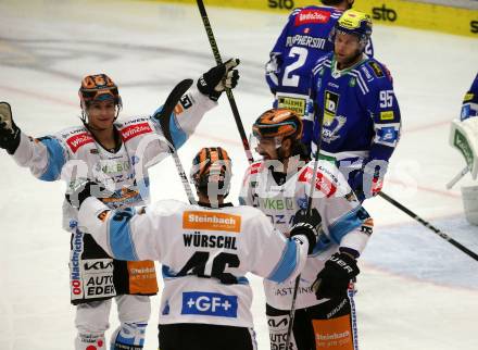 EBEL. Eishockey Bundesliga. EC VSV gegen Black Wings Linz. Torjubel Emilio Romig, Niklas Andre Wuerschl, Shawn St-Amant  (Linz). Villach, am 27.10.2023
Foto: Kuess
www.qspictures.net
---
pressefotos, pressefotografie, kuess, qs, qspictures, sport, bild, bilder, bilddatenbank