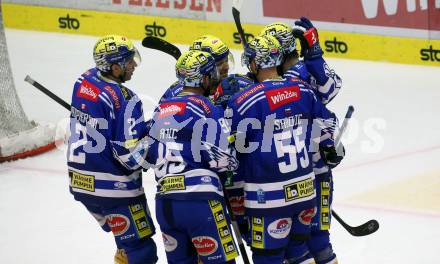 EBEL. Eishockey Bundesliga. EC VSV gegen Black Wings Linz.  Torjubel Dylan Macpherson, Mark Katic, John Hughes, Robert Sabolic, Kevin Hancock (VSV). Villach, am 27.10.2023
Foto: Kuess
www.qspictures.net
---
pressefotos, pressefotografie, kuess, qs, qspictures, sport, bild, bilder, bilddatenbank