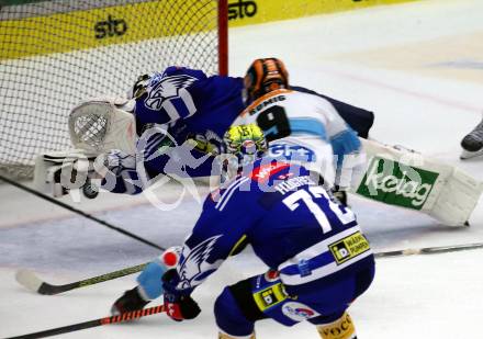 EBEL. Eishockey Bundesliga. EC VSV gegen Black Wings Linz.  Jean Philippe Lamoureux,  (VSV),   Emilio Romig (Linz). Villach, am 27.10.2023
Foto: Kuess
www.qspictures.net
---
pressefotos, pressefotografie, kuess, qs, qspictures, sport, bild, bilder, bilddatenbank