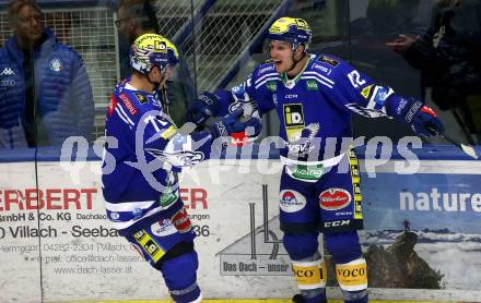 EBEL. Eishockey Bundesliga. EC VSV gegen Black Wings Linz. Torjubel Felix Maxa, Benjamin Lanzinger  (VSV),. Villach, am 27.10.2023
Foto: Kuess
www.qspictures.net
---
pressefotos, pressefotografie, kuess, qs, qspictures, sport, bild, bilder, bilddatenbank