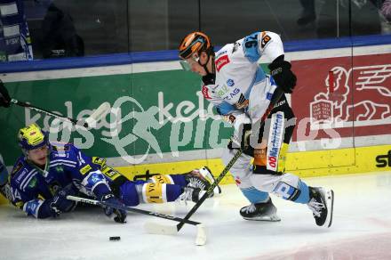 EBEL. Eishockey Bundesliga. EC VSV gegen Black Wings Linz.  Dominik Prodinger,  (VSV),    Lorenz Lindner (Linz). Villach, am 27.10.2023
Foto: Kuess
www.qspictures.net
---
pressefotos, pressefotografie, kuess, qs, qspictures, sport, bild, bilder, bilddatenbank