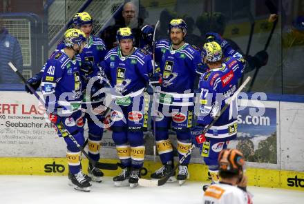 EBEL. Eishockey Bundesliga. EC VSV gegen Black Wings Linz.  Torjubel Elias Jeronimo Wallenta, Felix Maxa, Benjamin Lanzinger, Alex Wall, Philipp Lindner (VSV),   Villach, am 27.10.2023
Foto: Kuess
www.qspictures.net
---
pressefotos, pressefotografie, kuess, qs, qspictures, sport, bild, bilder, bilddatenbank