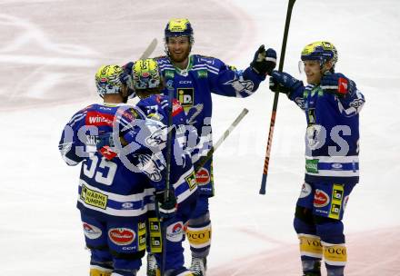 EBEL. Eishockey Bundesliga. EC VSV gegen Black Wings Linz.  Torjubel Robert Sabolic, Philipp Lindner, Kevin Hancock, John Hughes (VSV). Villach, am 27.10.2023
Foto: Kuess
www.qspictures.net
---
pressefotos, pressefotografie, kuess, qs, qspictures, sport, bild, bilder, bilddatenbank